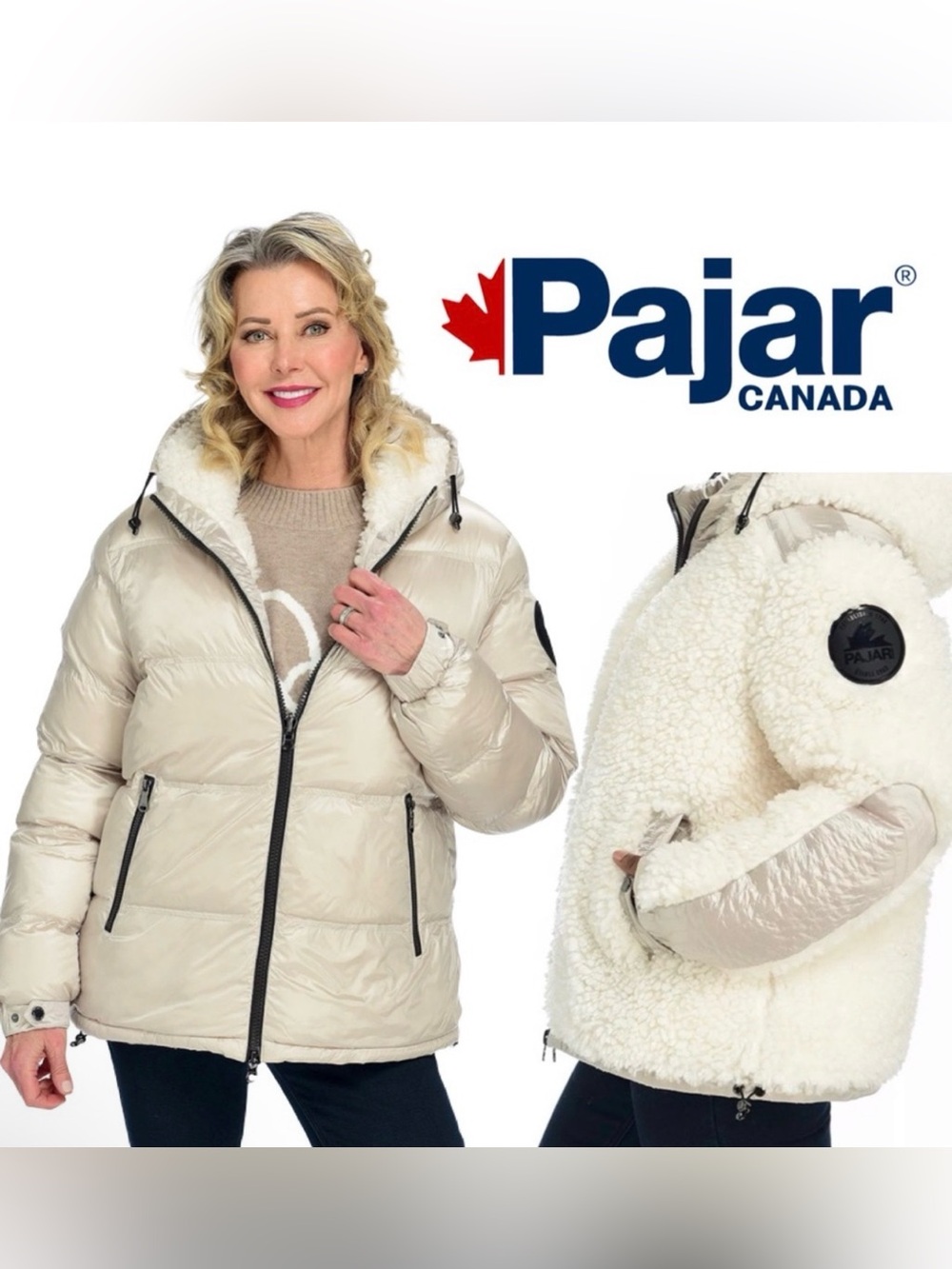 Pajar Canada SNOW Reversible Puffer Jacket – Pearl White / Sherpa Size M